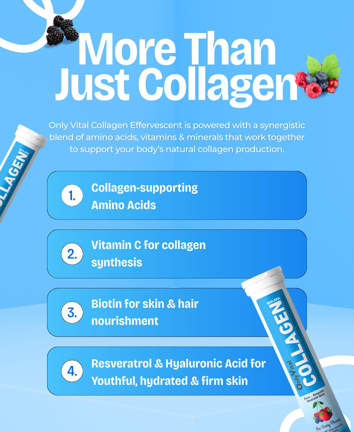 OnlyVital Collagen Builder Effervescent Tablets with Amla Extract, Hyaluronic Acid, Vitamins, Minerals & Amino Acids | Firm, Smooth & Radiant Skin Support | Mixed Berry Flavour | 3o Tablets