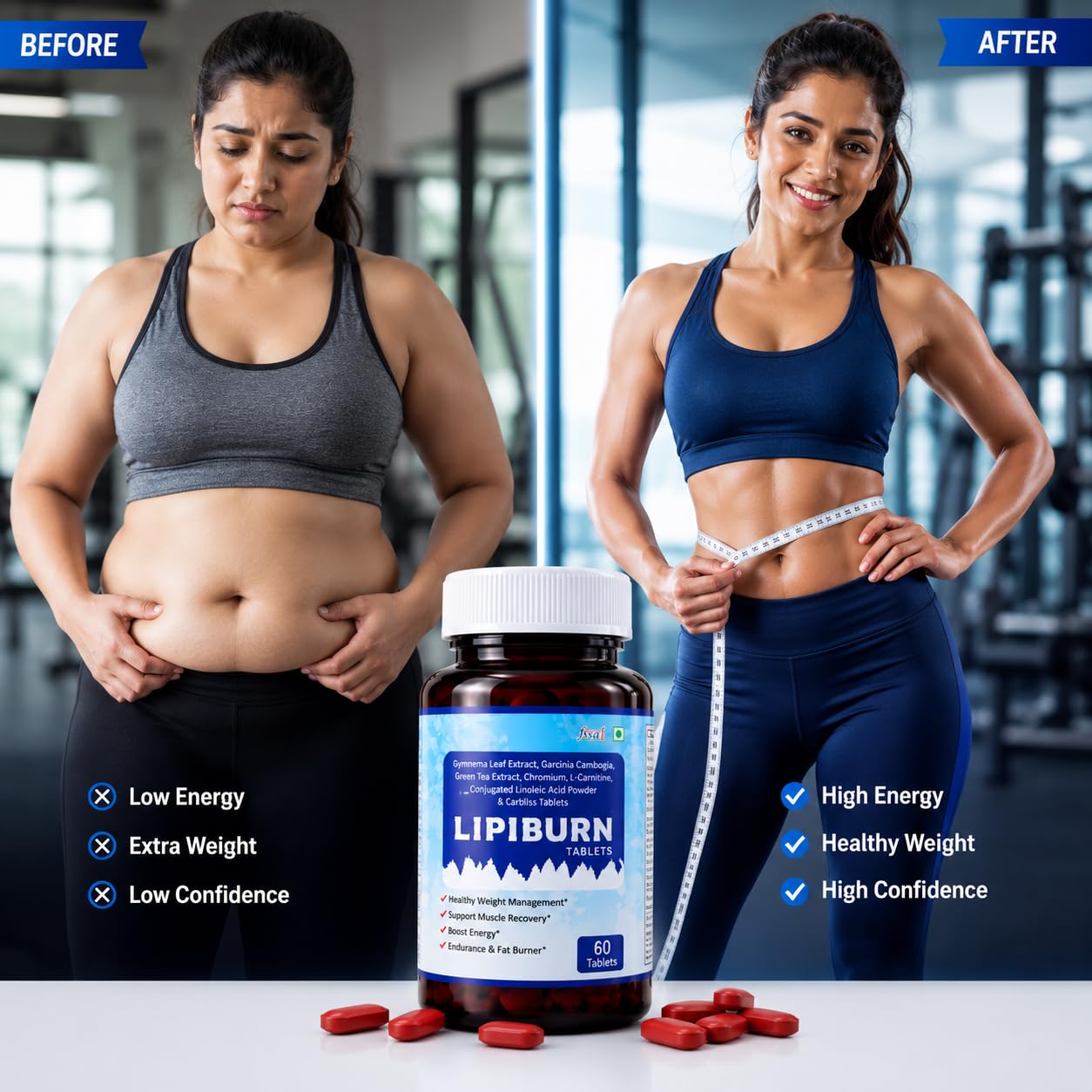 Lipiburn Fat Burner & Weight Management Tablets for Men & Women | Energy Booster & Metabolism Support | Gymnema, Garcinia Cambogia & Green Tea Extract | Supports Muscle Recovery | 60 Tablets