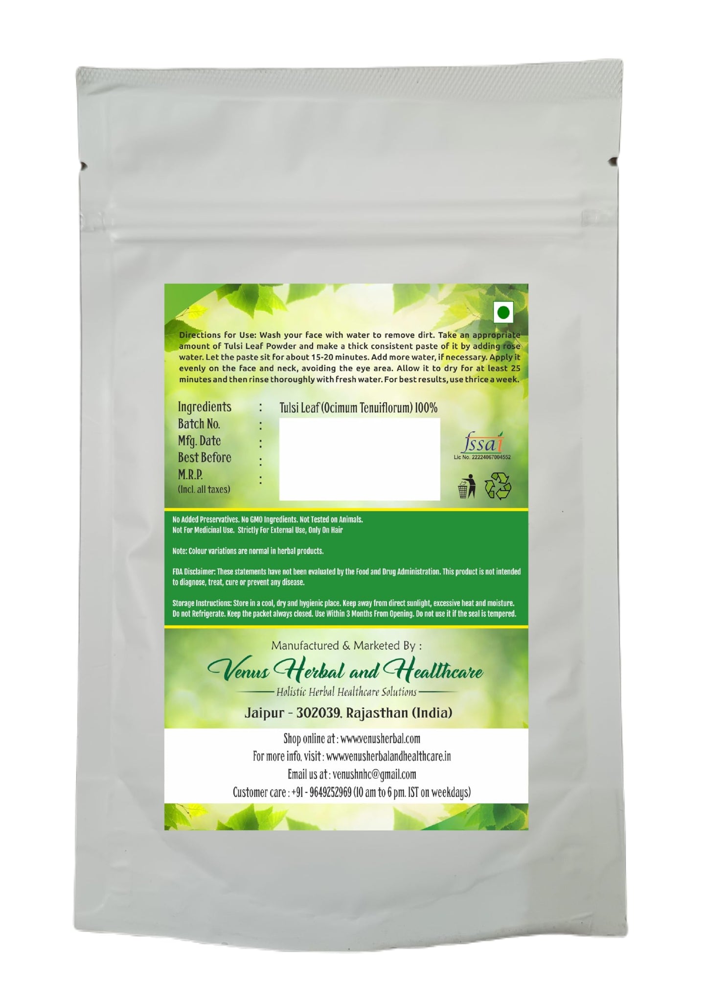 VENUS Unisex Tulsi Leaf Powder For Face & Skin | Helps In Skin Care | Natural - 100% Ground Ocimum Tenuiflorum Leaves (100 Grams)