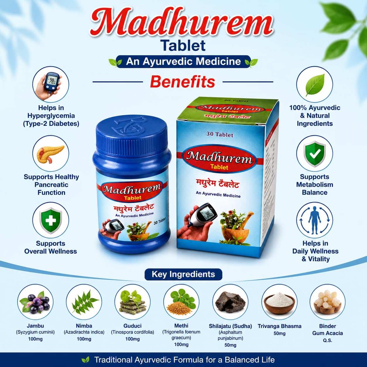 Madhurem 100% Ayurvedic Tablet for Diabetes Care, 500mg, Pack of 2