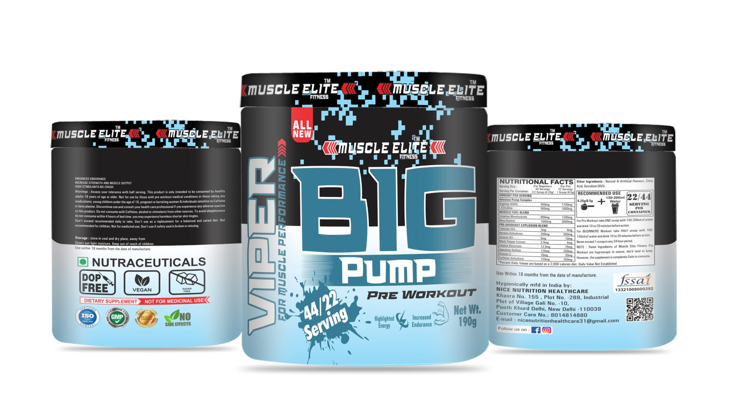 MUSCLE ELITE FITNES Big Pump Pre Workout is prepared to boost explosive energy, strength, focus, endurance and maximum performance during workout, exercise. [Blueberry with sipper]