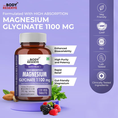 The Body Reserve Magnesium Glycinate Supplement - 120 Veg Tablets, 1100mg Per Serving, High Absorption Chelated Form - Muscle & Nerve Health, Relaxation for Men & Women