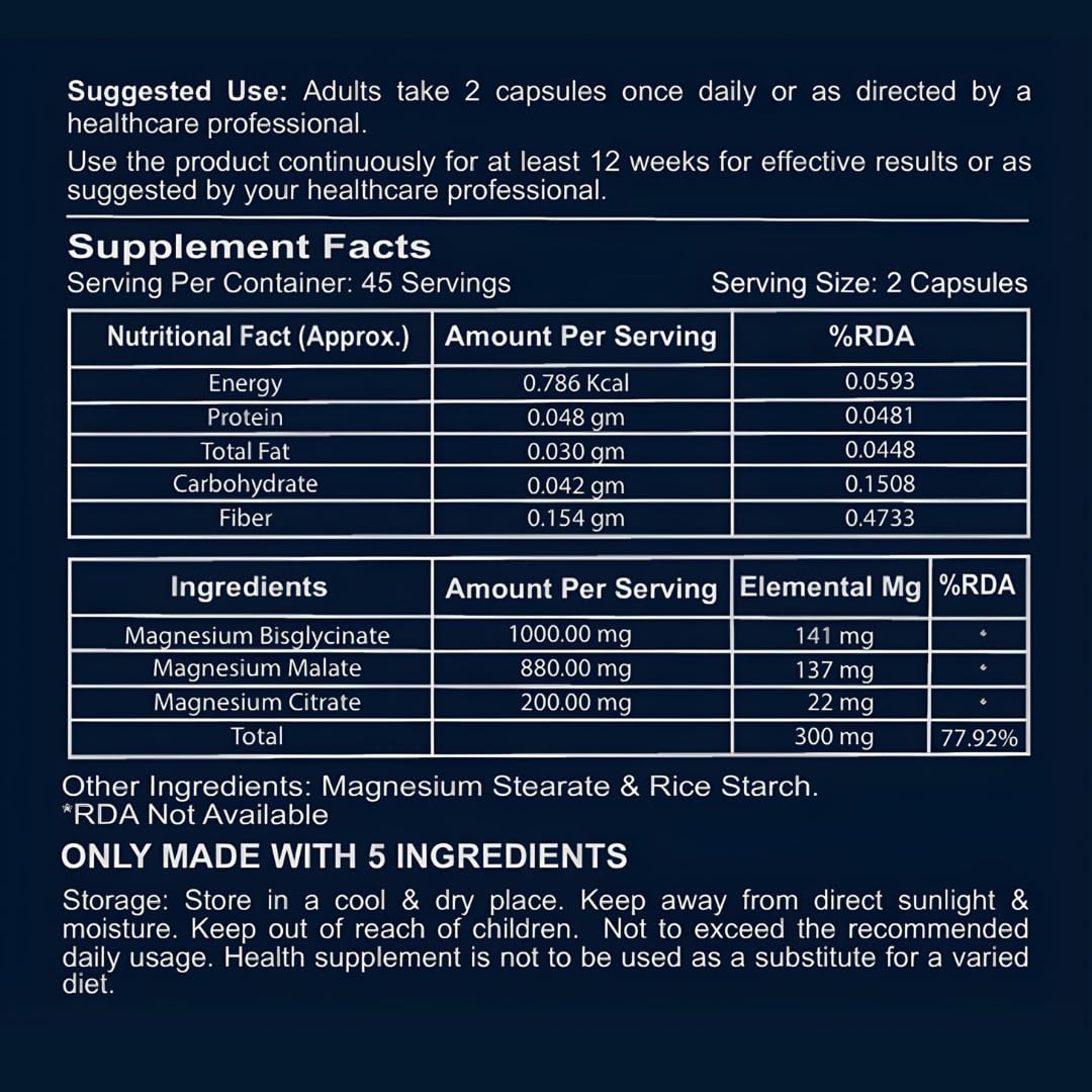 Upyogaa Triple Magnesium Complex Chelated Glycinate, Malate, and Citrate 90 Veg Capsules for better Sleep, Energy, Gut & occasional constipation support, no extra additives, 300 mg pure Elemental Magnesium