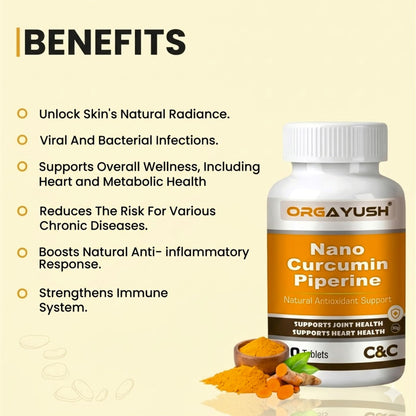 Nano Curcumin with Piperine Tablets – High Absorption Turmeric Extract Supplement for Joint Health, Heart Health, Immunity, Digestion & Skin Support (Pack of 1)