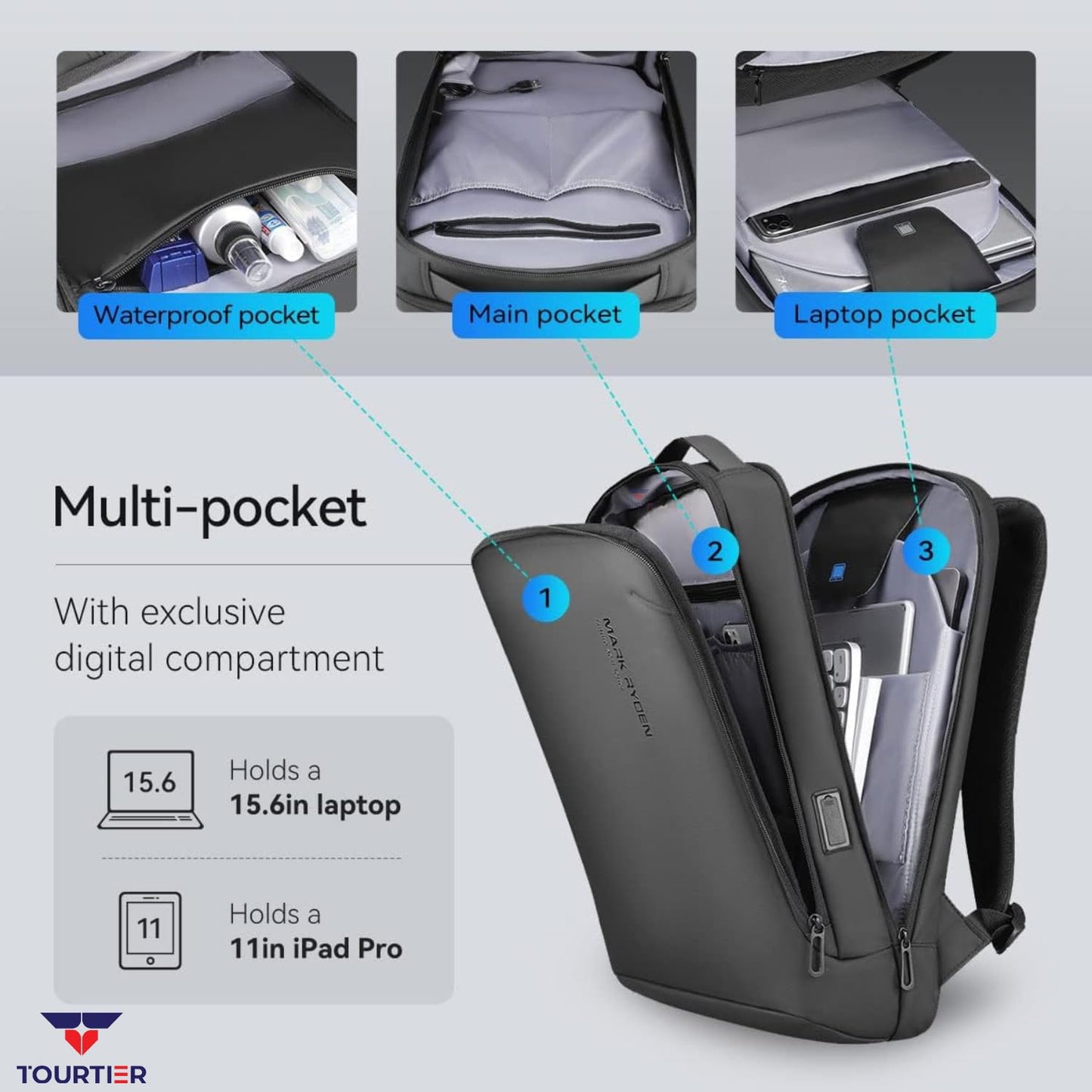 TOURTIER Hard shell Business Travel Laptop Backpack with USB Charging Port Daypack for Men Women (DESIGN-2, BLACK)