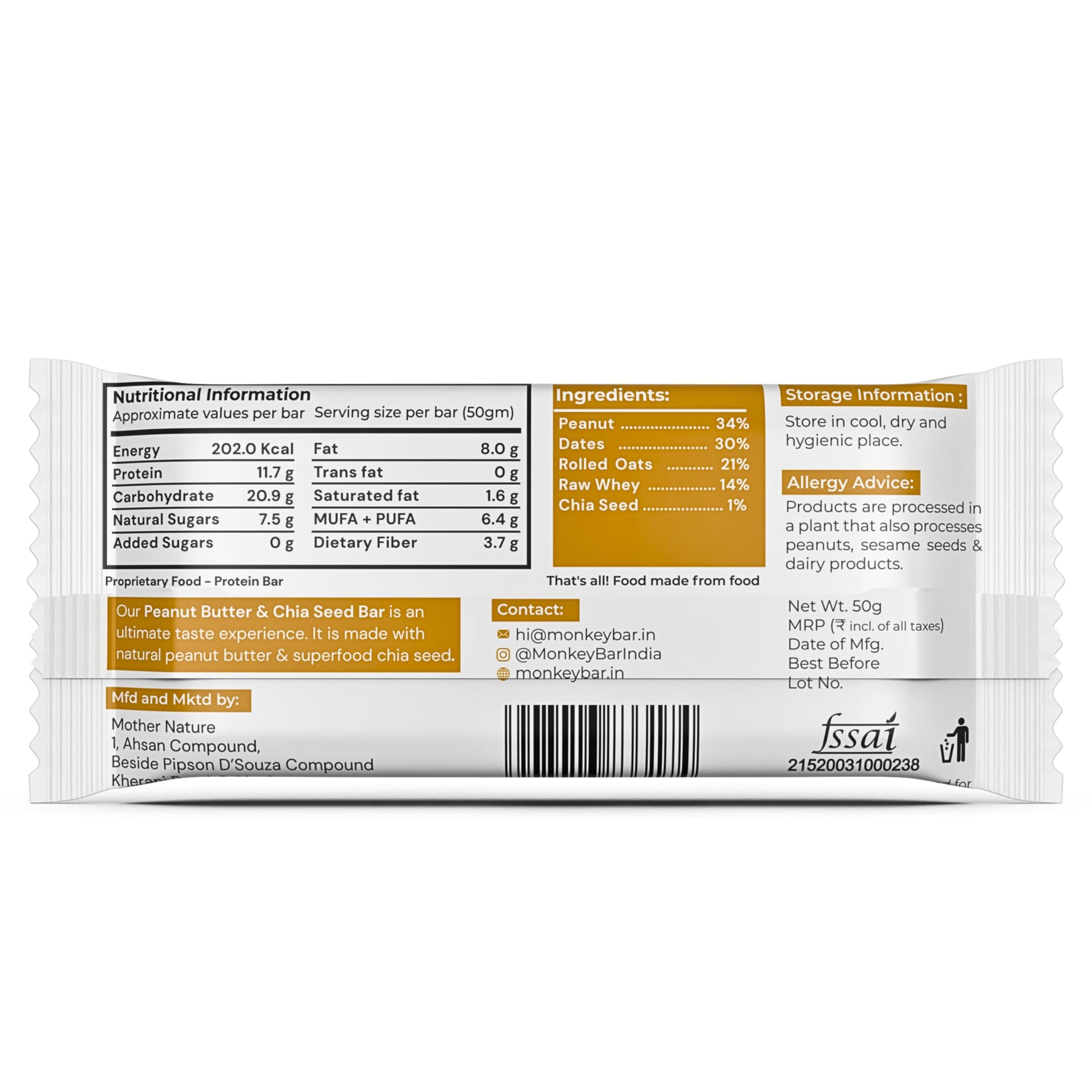 MONKEY BAR - Peanut Butter and Chia Seed Protein Bar - 8 Bars, 50g each- image 3