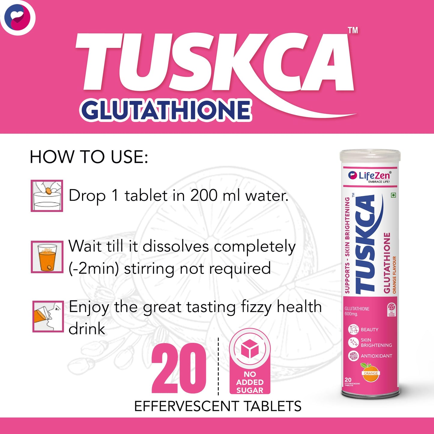 TUSKCA Japanese Glutathione Tablets for Skin Brightening with Vitamin C - Vegan Supplements for Clear, Youthful Skin - Clinically Proven Opitac Glutathione, Best for Pigmentation & Uneven Skin Tone, 20 Effervescent Tablet (Pack of 1) Orange Flavour