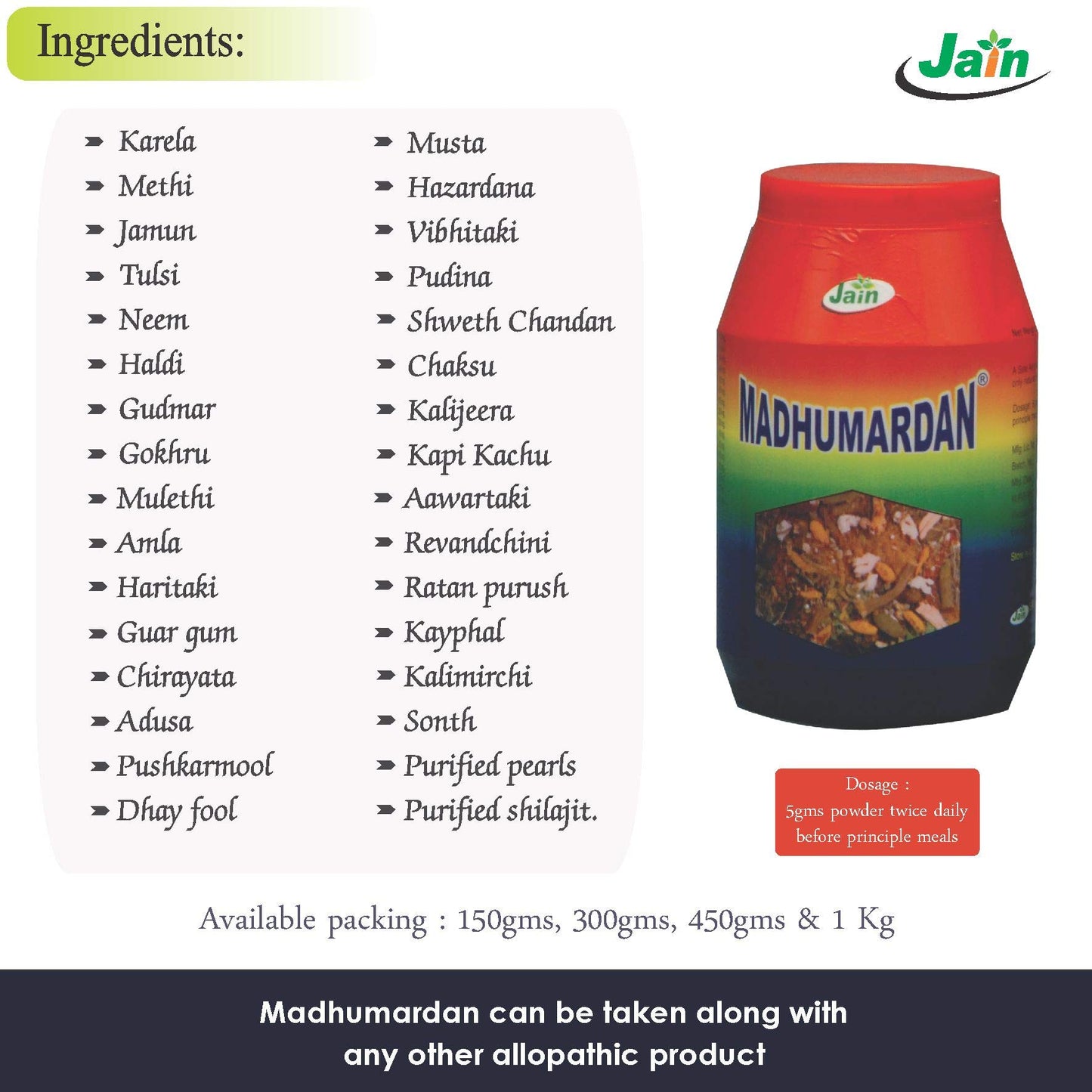 JAIN Madhumardan Powder, 1 Kg,|Diabetes Care, Natural, Ayurvedic Product|Enrichred With 32 Potent Herbs|Helps Maintain Healthy Blood Sugar Levels & Glucose Level|100% Natural, No Preservatives