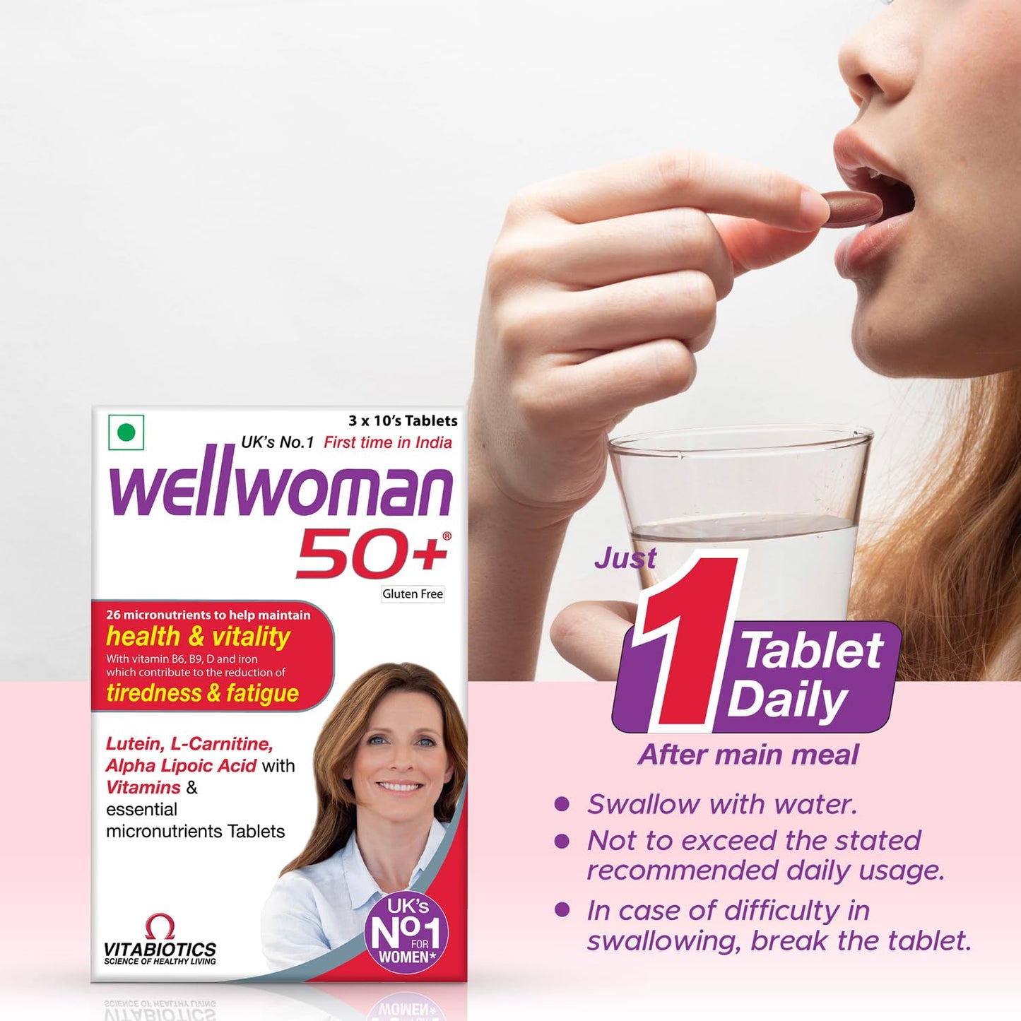 Wellwoman 50+ multivitamins for women over age 50 years with Vitamins,Iron,calcium,amino acids to support menopausal symptoms,maintain energy,Vision & Heart health| Vegetarian 30 Tablets, 20 grams