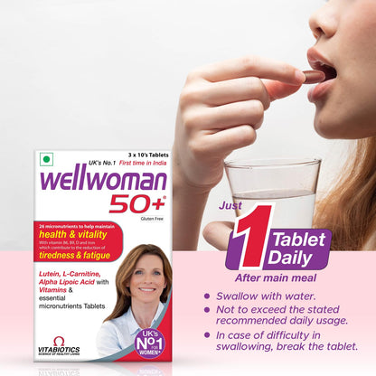 Wellwoman 50+ multivitamins for women over age 50 years with Vitamins,Iron,calcium,amino acids to support menopausal symptoms,maintain energy,Vision & Heart health| Vegetarian 30 Tablets, 20 grams