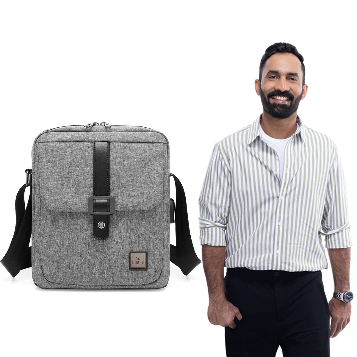 The Clownfish Single Shoulder Unisex Water Resistant Polyester 10.6 inch Tablet Bag Sling Bag with External USB Interface (Grey)