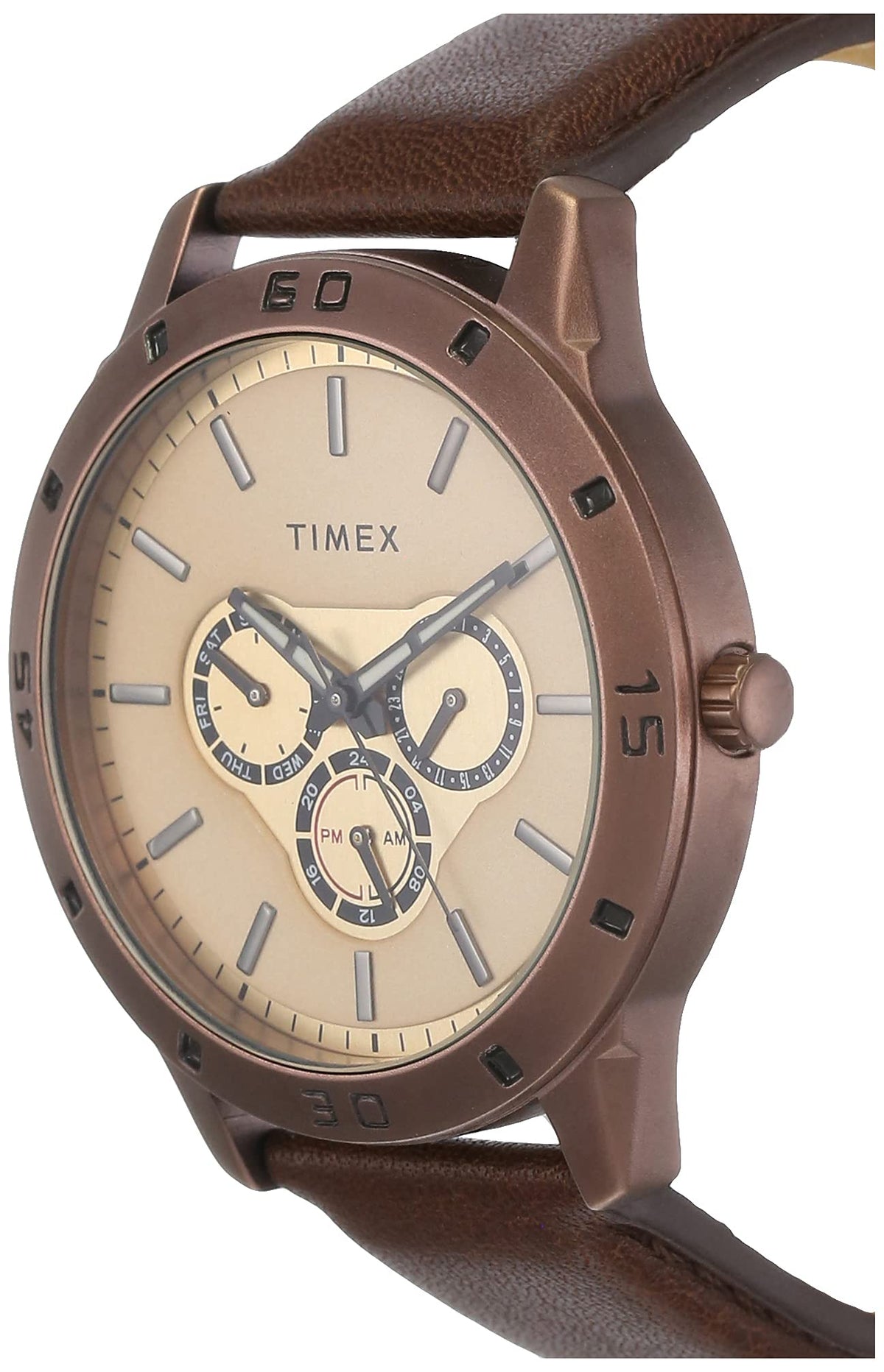 TIMEX Analog Watch for man with Brown Round Dial & Brown Leather Strap Band Water Resistant Men's Wrist Watches - TW000U915