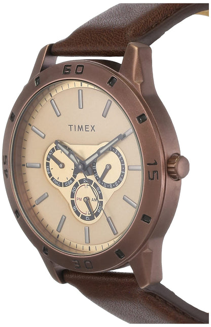 TIMEX Analog Watch for man with Brown Round Dial & Brown Leather Strap Band Water Resistant Men's Wrist Watches - TW000U915
