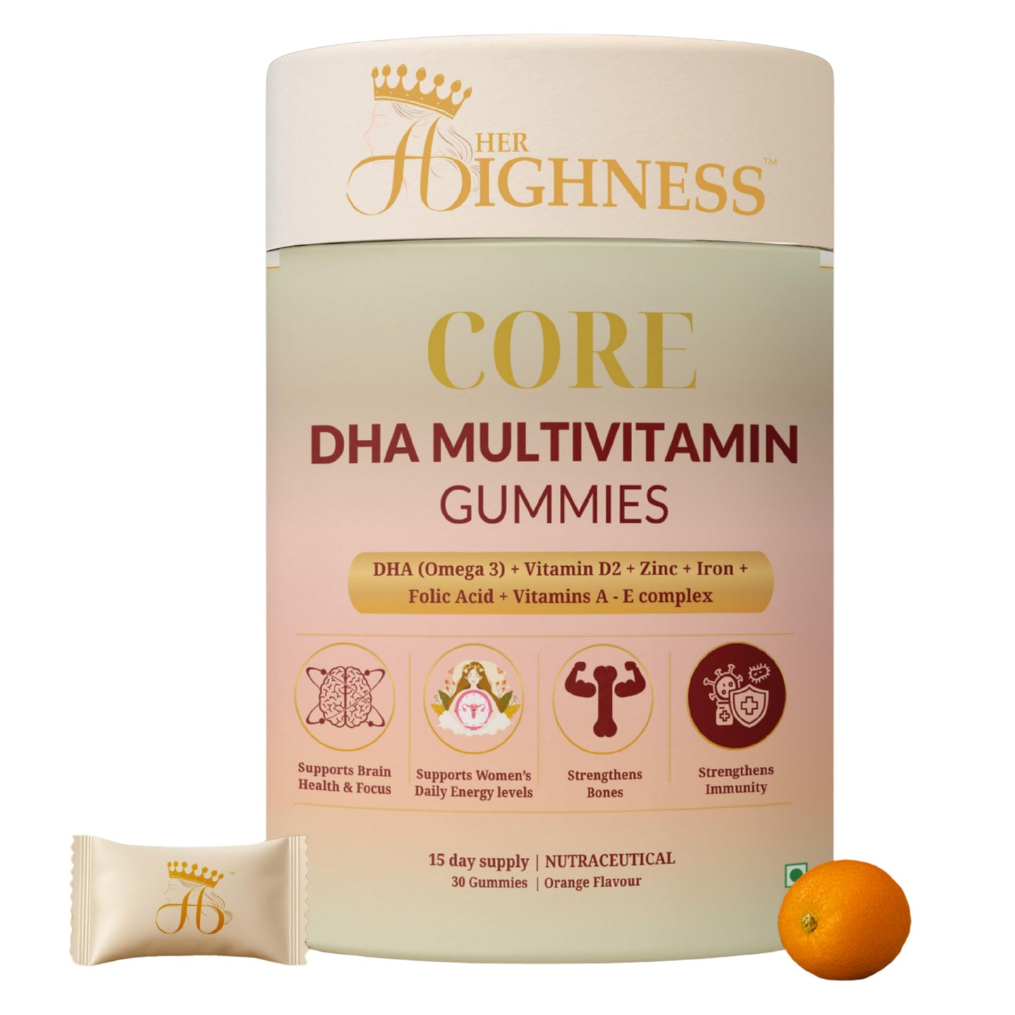 Her Highness CORE DHA Multivitamin Gummies for Women | 30 Gummies | Veg Omega 3 DHA, Vitamin B Complex, Vitamins A, C, D2, E, Zinc, Iron, Folic Acid | Brain Health, Focus, Energy, Bone Strength & Immunity Support | No Added Sugar | No Added Preservatives