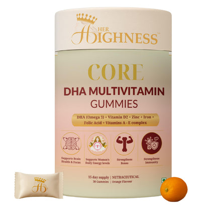 Her Highness CORE DHA Multivitamin Gummies for Women | 30 Gummies | Veg Omega 3 DHA, Vitamin B Complex, Vitamins A, C, D2, E, Zinc, Iron, Folic Acid | Brain Health, Focus, Energy, Bone Strength & Immunity Support | No Added Sugar | No Added Preservatives