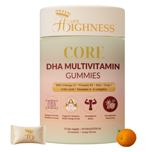 Her Highness CORE DHA Multivitamin Gummies for Women | 30 Gummies | Veg Omega 3 DHA, Vitamin B Complex, Vitamins A, C, D2, E, Zinc, Iron, Folic Acid | Brain Health, Focus, Energy, Bone Strength & Immunity Support | No Added Sugar | No Added Preservatives