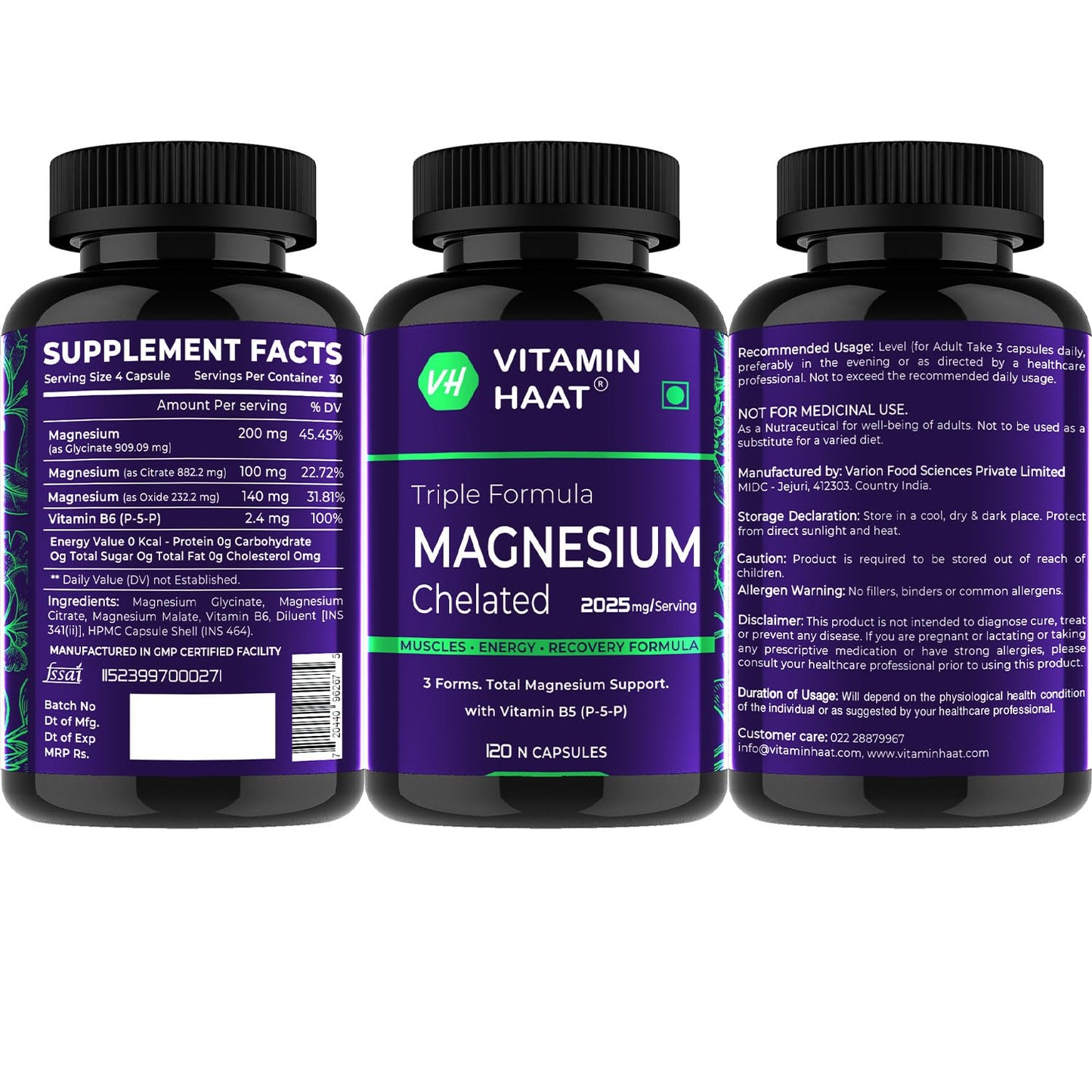 Magnesium Supplement | Magnesium Glycinate and Citrate with Vitamin B6 Supports Muscle Recovery & Better Sleep | Triple Mineral Complex |2025mg Per Serving | 120 Capsule by VitaminHaat