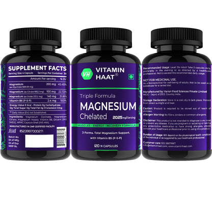 Magnesium Supplement | Magnesium Glycinate and Citrate with Vitamin B6 Supports Muscle Recovery & Better Sleep | Triple Mineral Complex |2025mg Per Serving | 120 Capsule by VitaminHaat