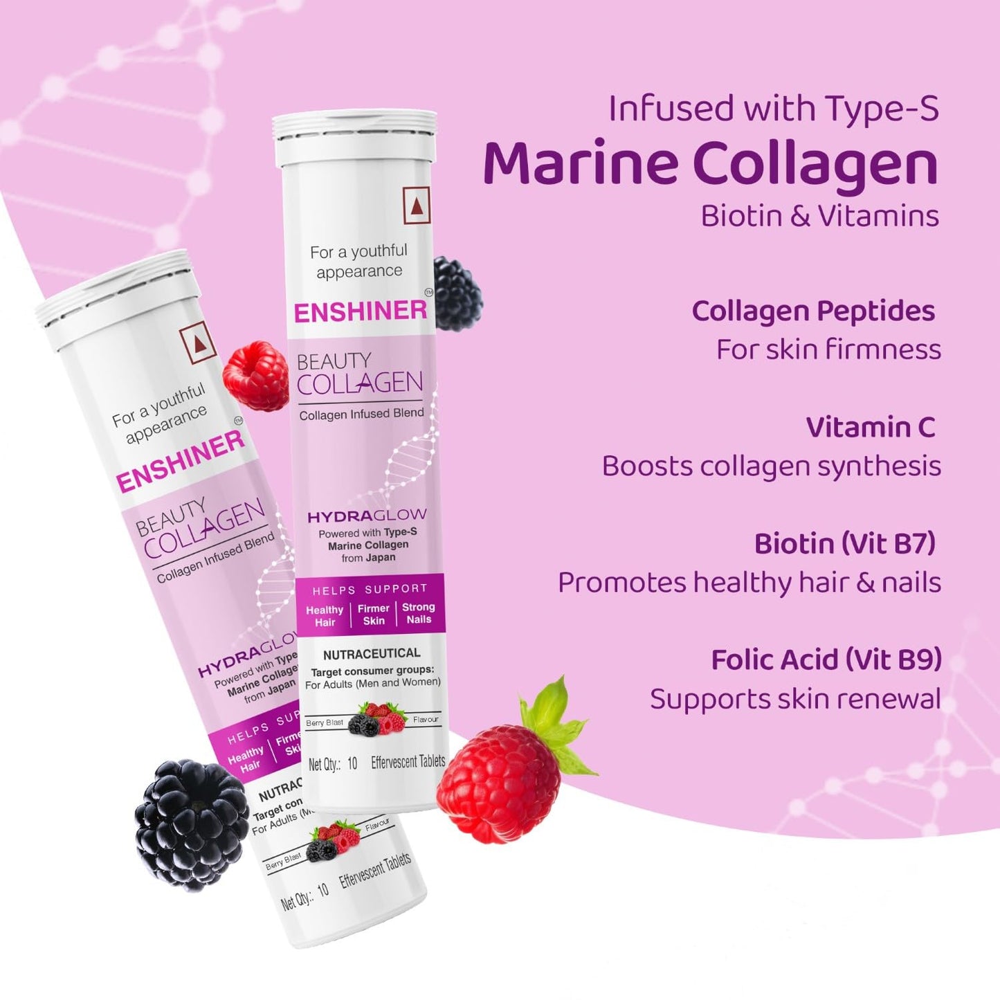 Enshiner Beauty Collagen Effervescent Tablets with Type-S Marine Collagen, Vitamin C & Biotin for Adults | Berry Blast Flavour | Supports Skin Radiance, Hair Growth & Nail Health - 10 tablets