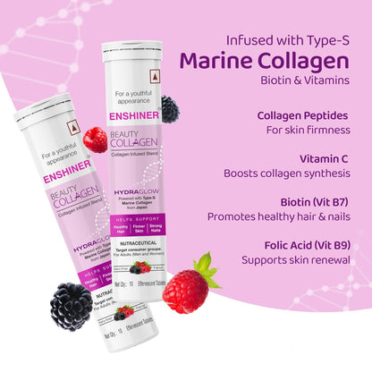 Enshiner Beauty Collagen Effervescent Tablets with Type-S Marine Collagen, Vitamin C & Biotin for Adults | Berry Blast Flavour | Supports Skin Radiance, Hair Growth & Nail Health - 10 tablets