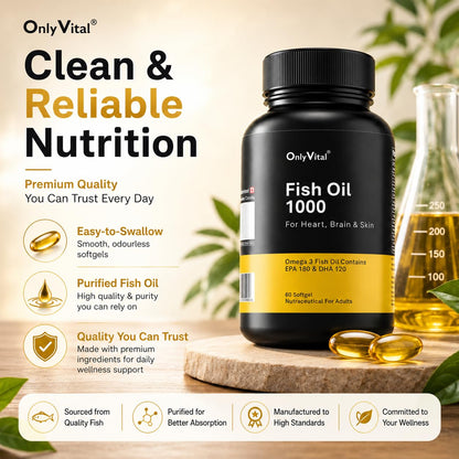 OnlyVital Fish Oil 1000 mg Softgels | Omega 3 with EPA 180 mg & DHA 120 mg | Supports Heart, Brain & Skin Health | Nutraceutical Supplement | 60 Softgels
