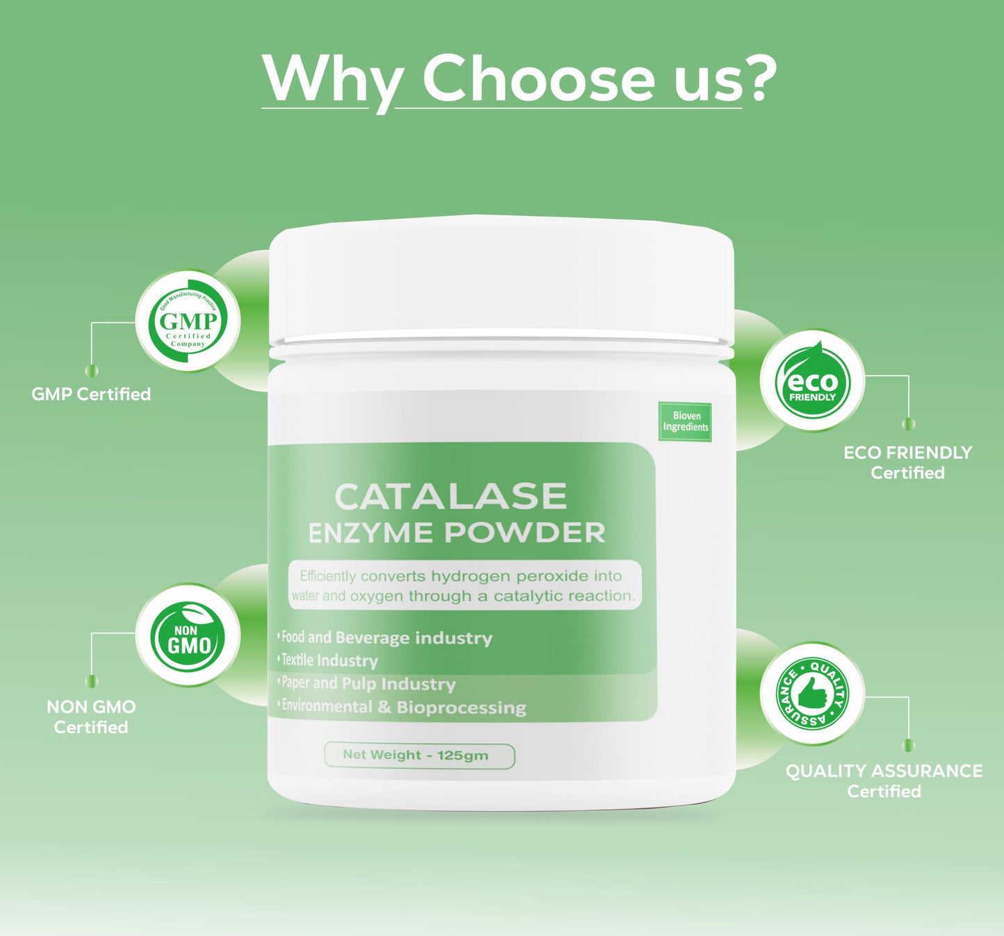 Bioven Ingredients Catalase Enzyme Powder, Non-GMO, Dietary Supplements/Food and Beverages, Broad pH Range of Activity, Excellent Thermostability, Hydrolyse Hydrogen, No Filters/Binder