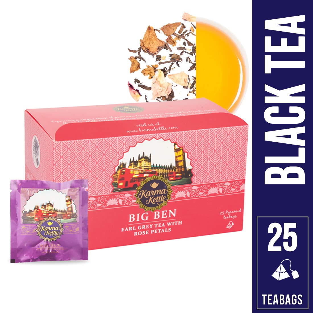 Karma Kettle Big Ben Earl Grey Assam Tea with Bergamot Oil & Rose Petals (25 Nos Pyramid Teabag Box), 50 g