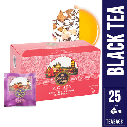 Karma Kettle Big Ben Earl Grey Assam Tea with Bergamot Oil & Rose Petals (25 Nos Pyramid Teabag Box), 50 g