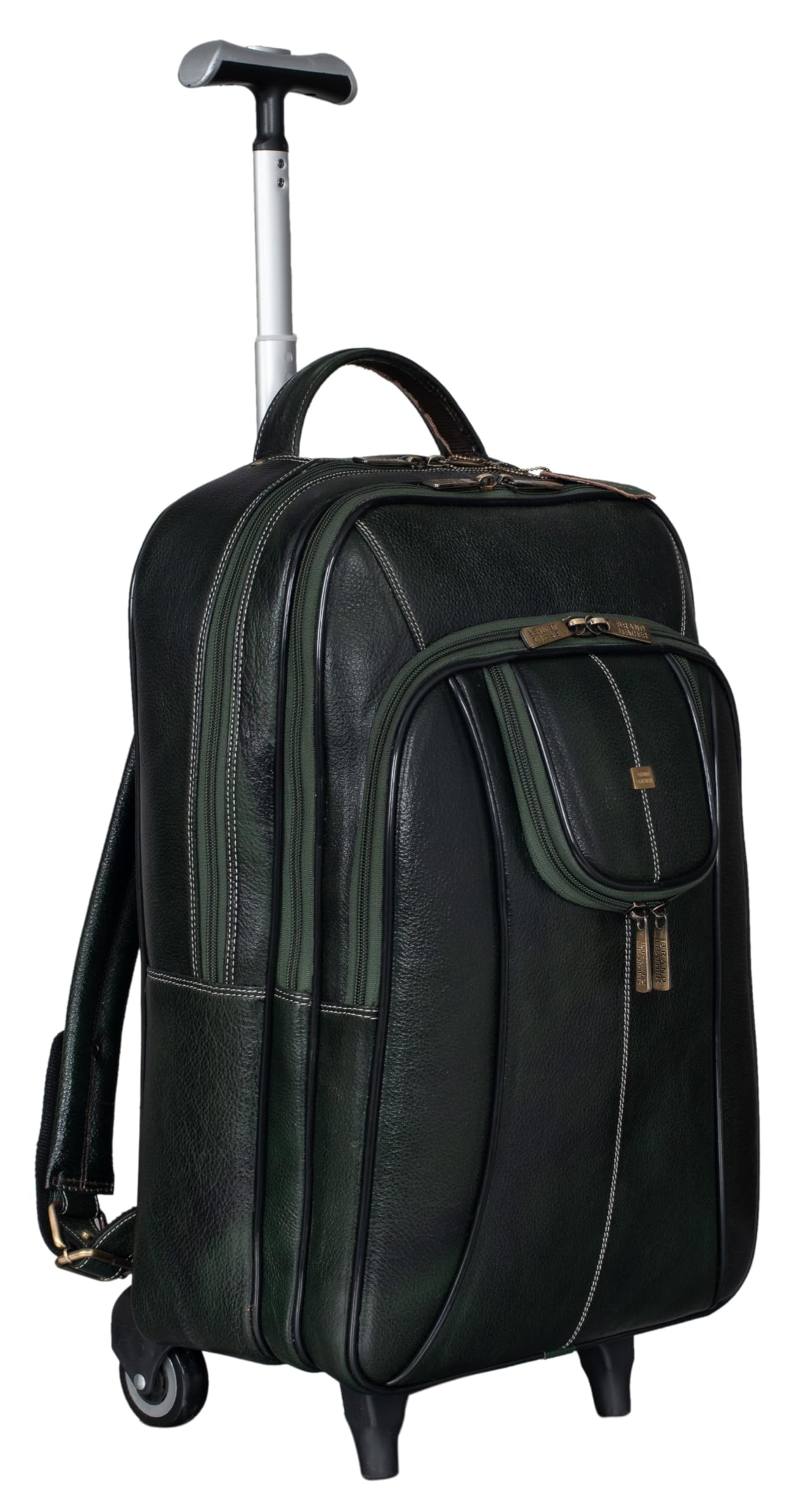 BRAND LEATHER Rolling Backpack Wheeled Laptop Backpack for Travel, Carryon Trolley Luggage Suitcase Compact Business Bag Student Laptop Bag for Men Women (Green)