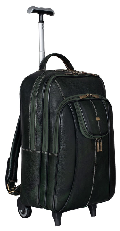 BRAND LEATHER Rolling Backpack Wheeled Laptop Backpack for Travel, Carryon Trolley Luggage Suitcase Compact Business Bag Student Laptop Bag for Men Women (Green)
