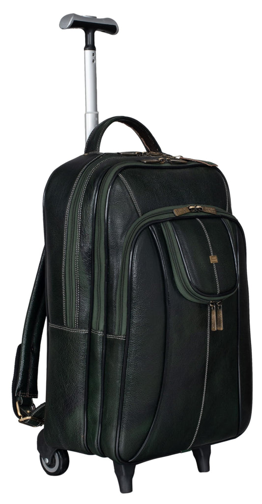 BRAND LEATHER Rolling Backpack Wheeled Laptop Backpack for Travel, Carryon Trolley Luggage Suitcase Compact Business Bag Student Laptop Bag for Men Women (Green)