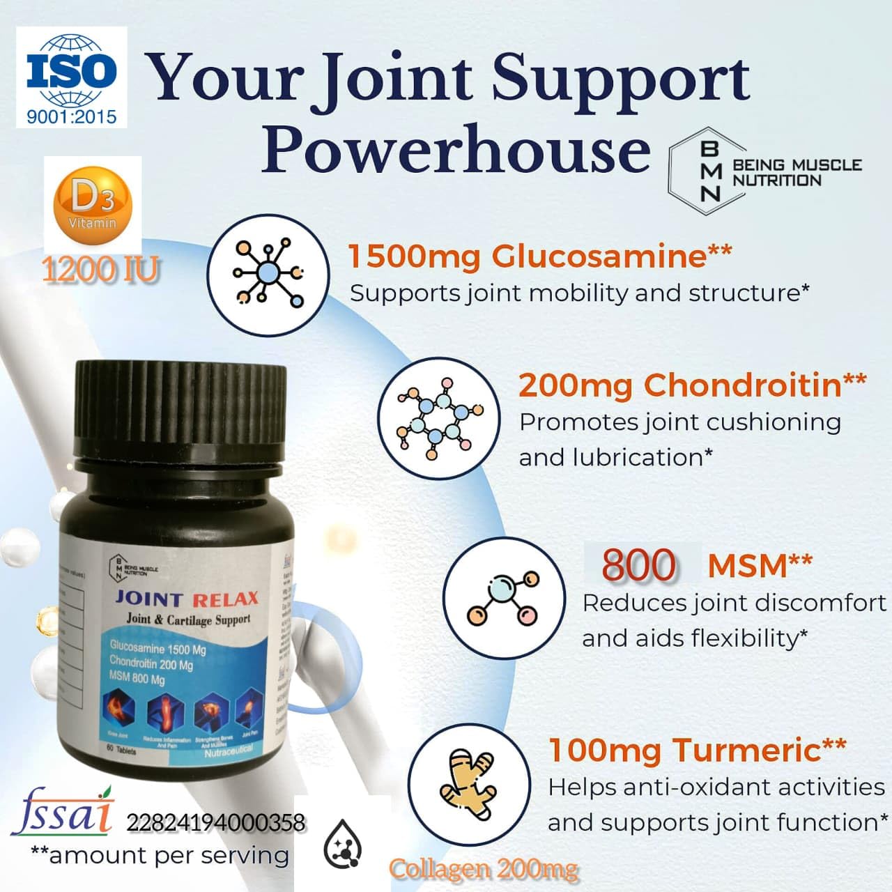 Joint Relax (60 Tablets) |Glucosamine & chondroitin and msm, curcuma and collagen With Vitamin D3, Calcium Supplement for Women and Men | For Bone Health & Joint Support.