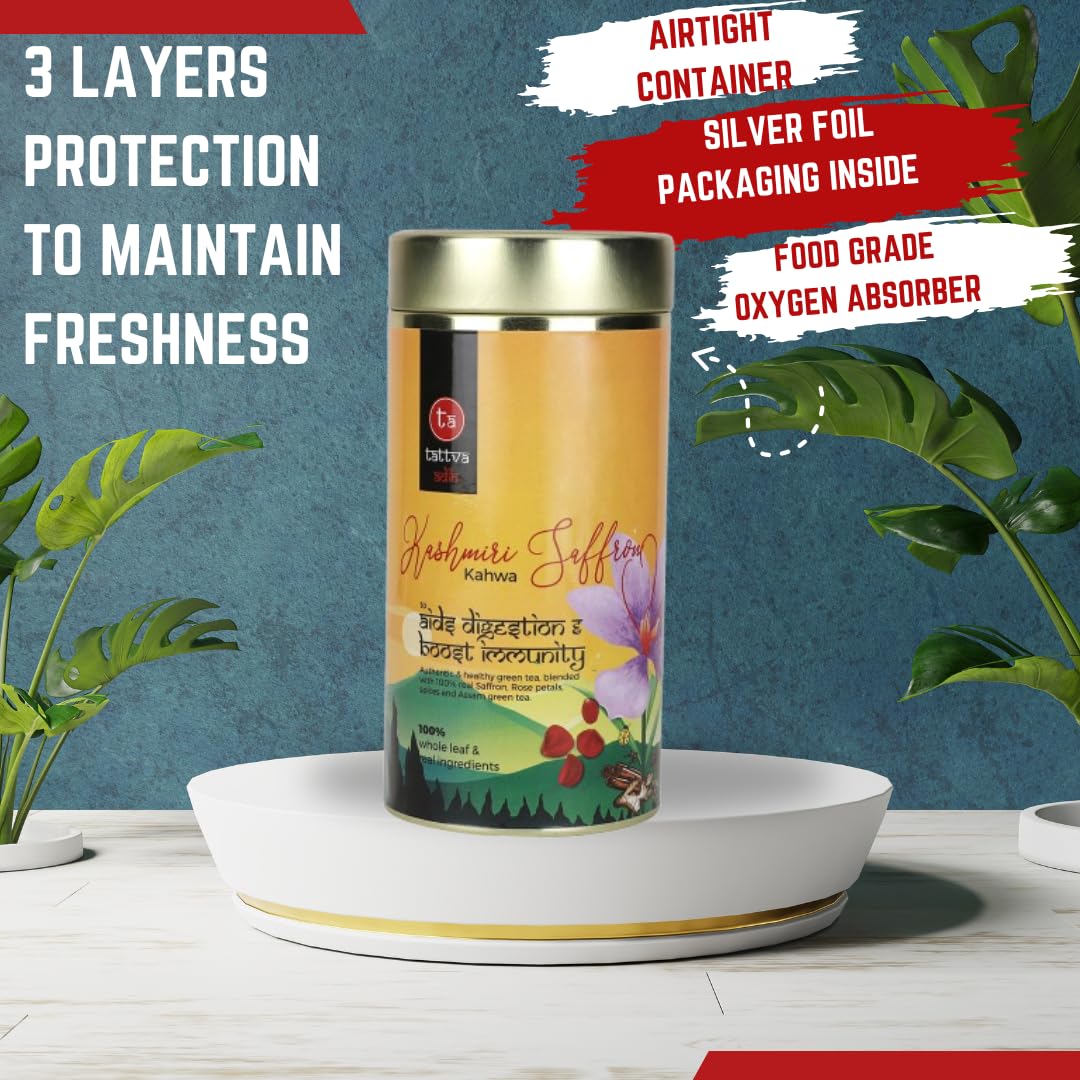 Tattva Adih Made with Whole Leaf & Natural Rose Petals | Refreshing & Aromatic - 100 grams | 100% Natural Ingredients Kashmiri kawa Green Tea | Airtight Container | Refreshing & Aromatic | Made with Whole Leaf & Natural Rose Petals | Refreshing & Aromatic