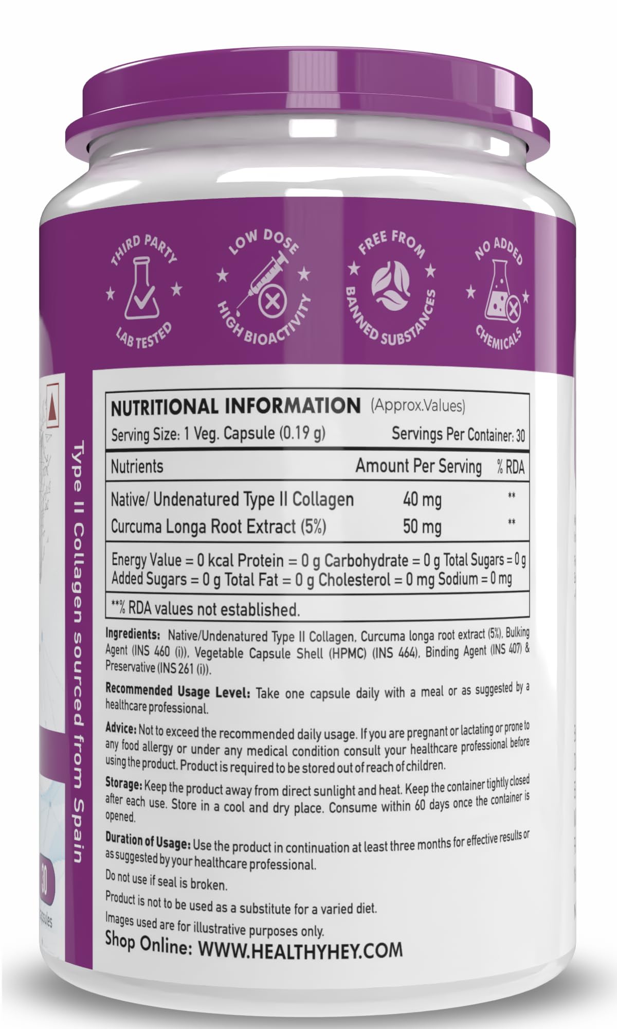 HealthyHey Nutrition NTC II Type 2 Collagen, Supports Cartilage and Joints, Pack of 30 Capsules