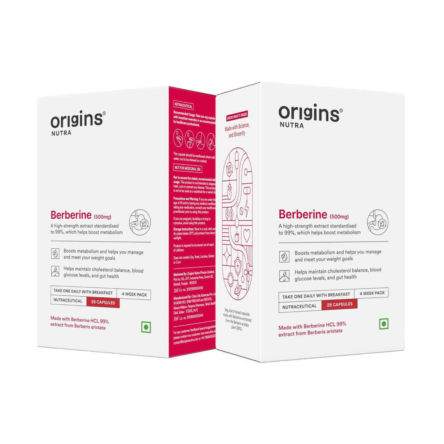 Origins Nutra 99% Pure Berberine HCL 500 mg | Supports Energy Levels, PCOS & Hormonal Balance | GMP Certified | 28 Veg Capsules | Pack of 2