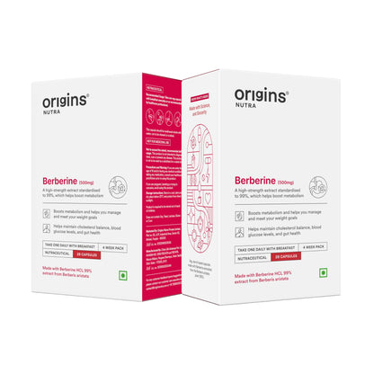 Origins Nutra 99% Pure Berberine HCL 500 mg | Supports Energy Levels, PCOS & Hormonal Balance | GMP Certified | 28 Veg Capsules | Pack of 2