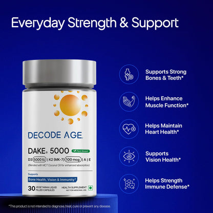 Decode Age DAKE 5000 IU | Vitamin D3 K2 Supplement with Vitamins E & A in MCT Oil for Bone, Immune, Heart and Vision Support | Vegan Capsules | 1 Month Supply