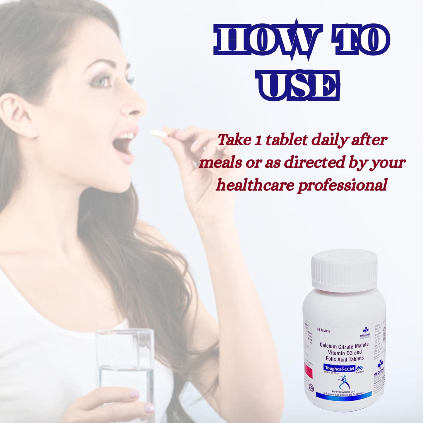 Medconic Healthcare Toughcal CCM | Calcium Citrate Malate with Vitamin D3 & Folic Acid | Bone, Joint & Dental Health Supplement – 30 Tablets