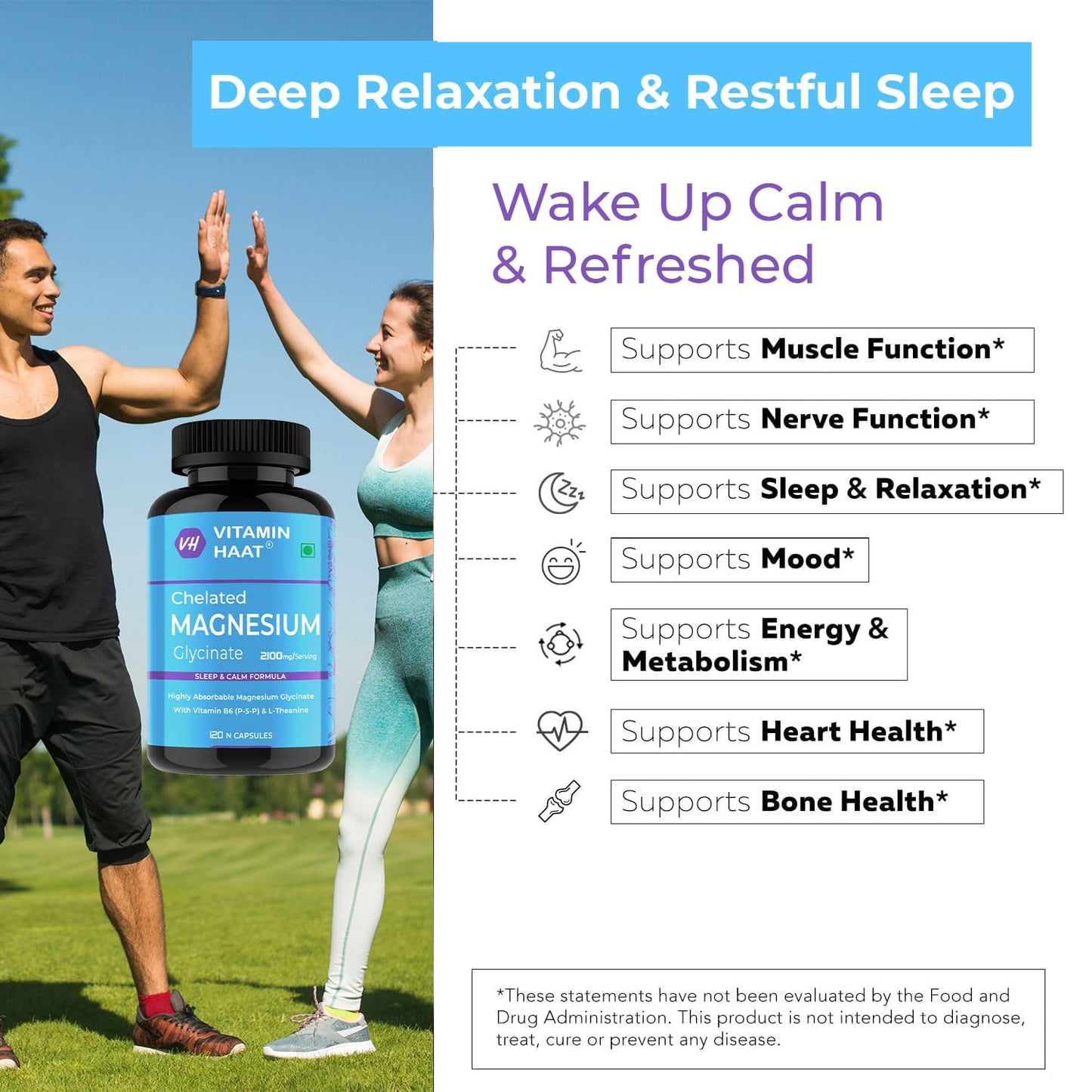 Magnesium Glycinate Supplement | Magnesium Supplement with Vitamin B6 and L-Theanine Supports Muscle Recovery & Better Sleep | 2100mg Per Serving | 120 Capsule by VitaminHaat