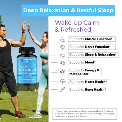 Magnesium Glycinate Supplement | Magnesium Supplement with Vitamin B6 and L-Theanine Supports Muscle Recovery & Better Sleep | 2100mg Per Serving | 120 Capsule by VitaminHaat