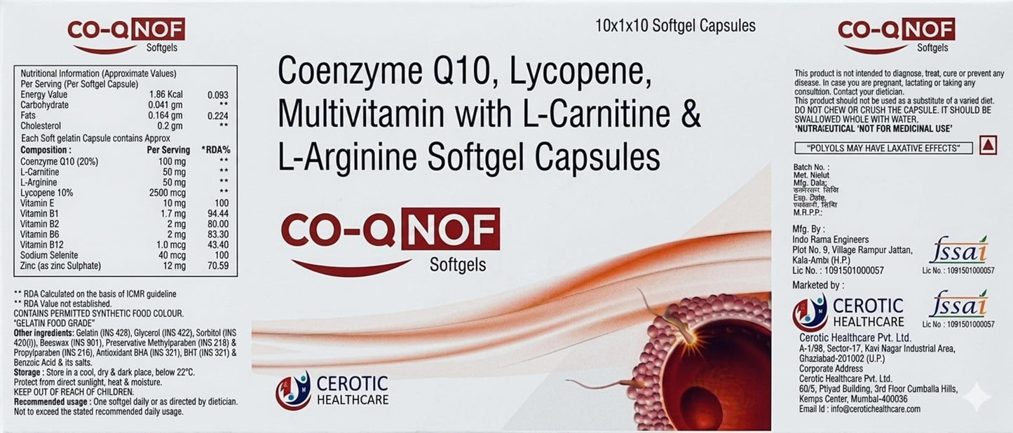 CO-Q NOF Coenzyme Q10 100mg with Selenium 40mcg Softgel Capsules with L-Carnitine, L-Arginine, Lycopene & Multivitamins | Antioxidant for Energy, Fertility, Heart & Cellular Health | 10 Softgels