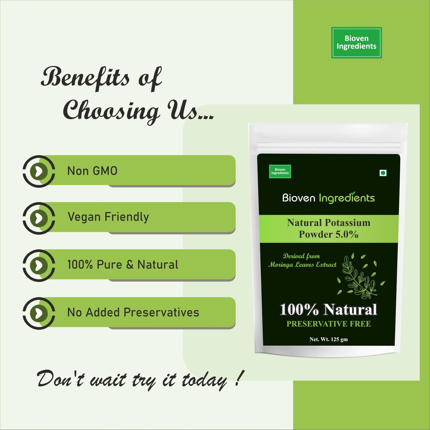 Natural Potassium Powder, Derived from 100% Natural & Organic Moringa Leaves Extract by Bioven Ingredients, Non-GMO Supplement, No Preservatives, Sugar, Gluten or Dairy Free Powder