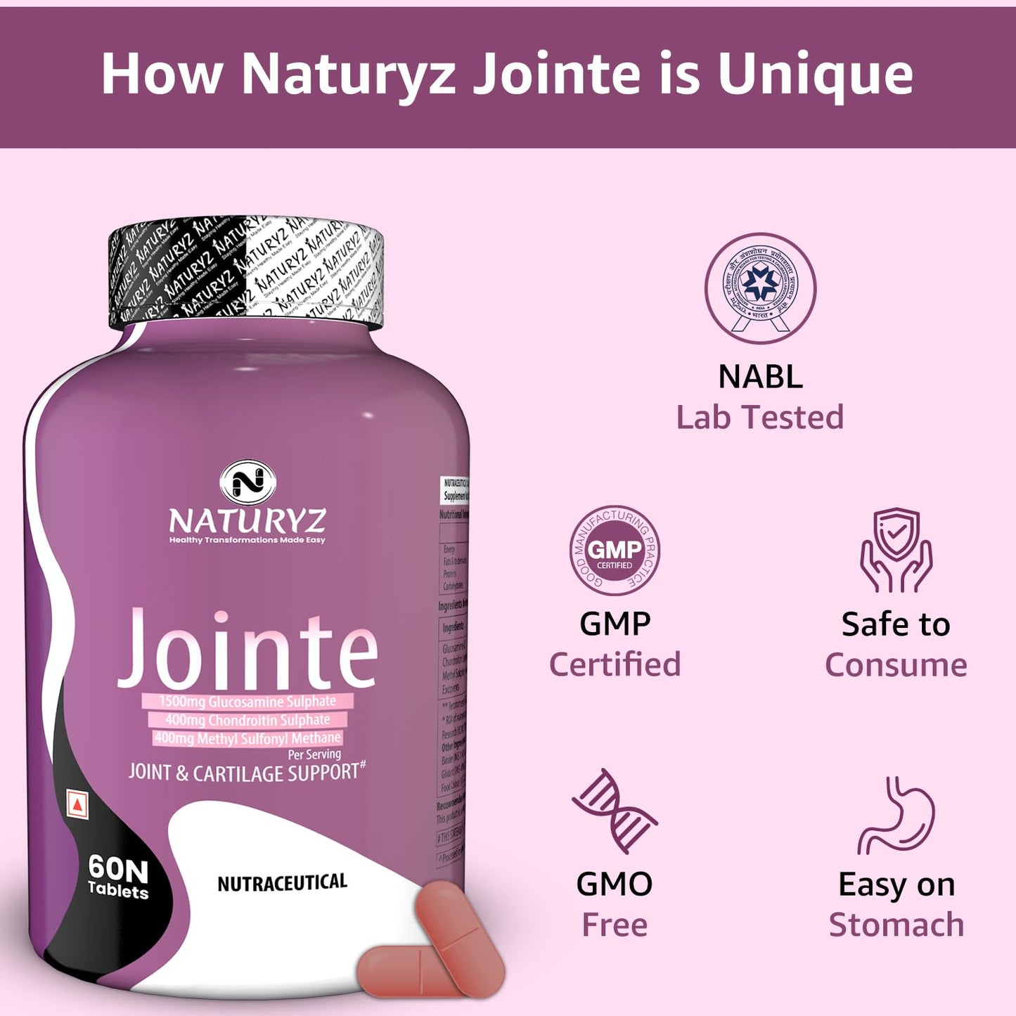 Naturyz - 1500mg Glucosamine, 400mg Chondroitin and 400mg MSM Per Serving for Cartilage Jointe Maximum Strength - 60 Tablets