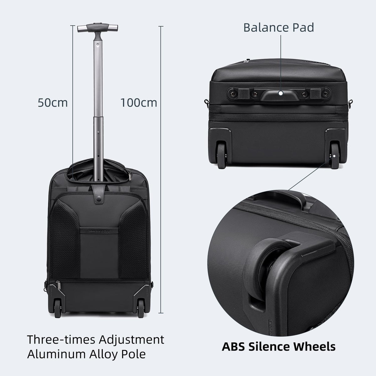 Arctic Hunter Trolley Backpack Expandable 52L Multiple Pockets Business Trolley Bag with 2 Wheels Aluminum Rolling Laptop Bag Stylish Suitcase for Business Travel Water Resistant Black