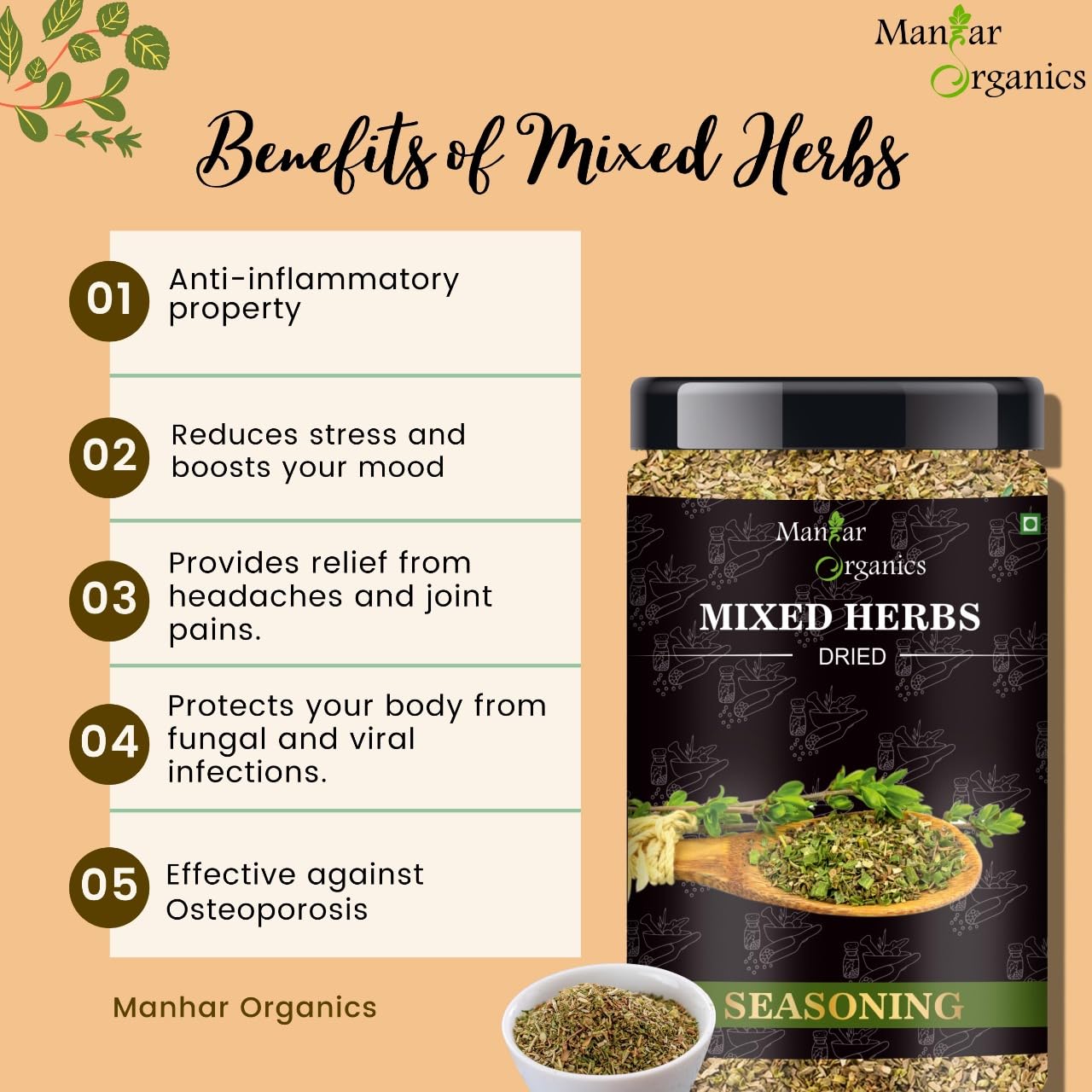 ManHar Organics Mixed Herbs Seasoning Jar 400gm- Perfect for Soups, Salads, and Roasted Dishes | Non-GMO, Flavorful Herb Blend | Natural Blend of Thyme, Oregano, Basil, and More | Pizza Pasta Seasoning |