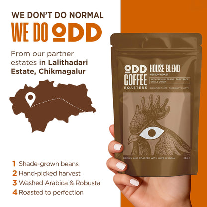 ODD COFFEE ROASTERS House Blend 60% Arabica 40% Robusta Roasted Coffee Powder 250 Gram Medium Roast | AAA Grade Specialty Beans | Chocolaty Nutty | Single Origin Ground Coffee Powder for Cold Brew