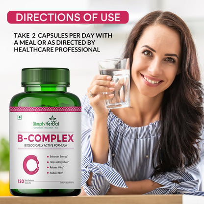 Simply Herbal Vitamin B Complex Capsules with RDA for B12 Supplement for Hair Growth Metabolism & Support Healthy Brain Function (120 Capsules)