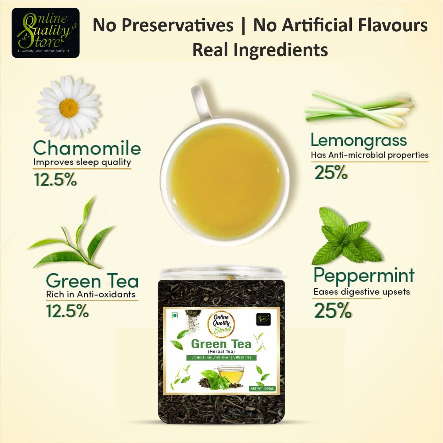 Online Quality Store Natural Green Tea - 100g | 100% Pure & Natural Herbal Green Tea Leaves | Whole Long Leaf | Boost Immunity