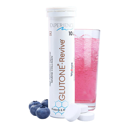Glutone-Revive Effervescent Collagen Tablets – 2500 mg Wellnex Di-Peptide Marine Collagen|Supports Skin Hydration, Elasticity, Smooth Texture | For Men & Women | 10 Blueberry Flavour Tablets