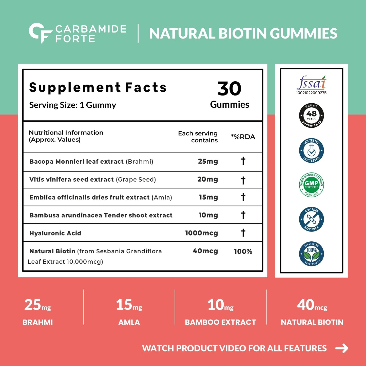 Carbamide Forte Biotin Gummies for Hair Growth|Hair growth Gummy for Longer, thicker and Healthier Hair | Biotin Supplement for Men & Women - 30 Veg Strawberry-flavoured Gummies